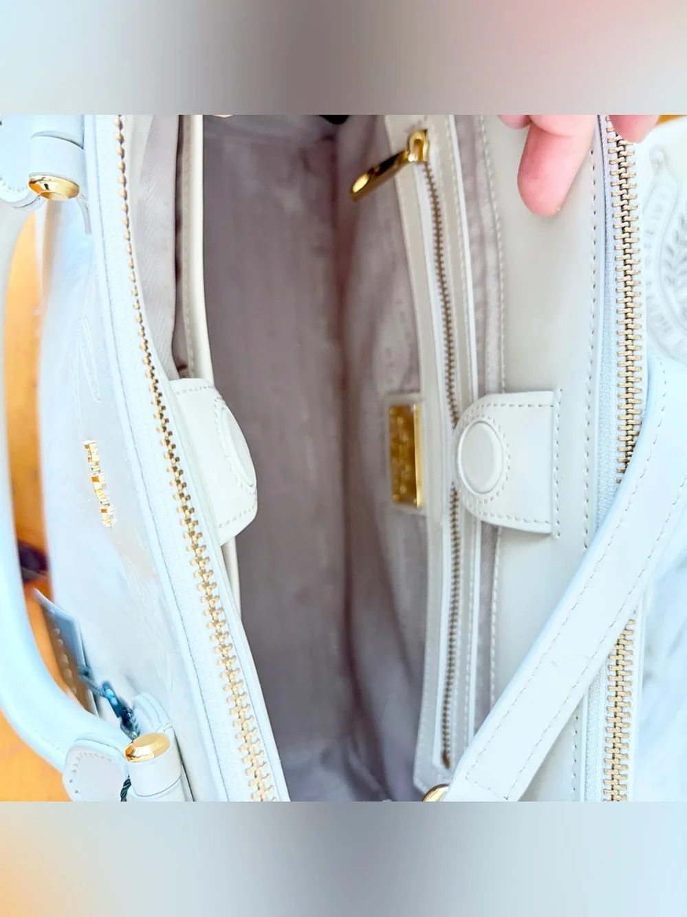 Lauren Ralph Lauren Taylor Belting Double Zip Ivory Embossed Leather Satchel NWT